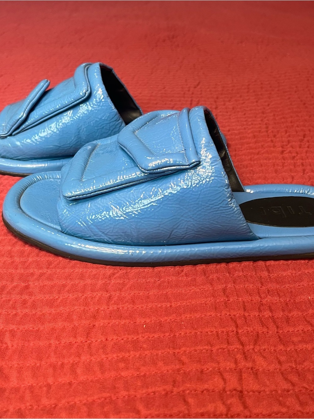 Tibi Beryen Naplack Blue Crinkled Patent Leather Padded Slide Sandals - US 9 - Picture 3 of 9